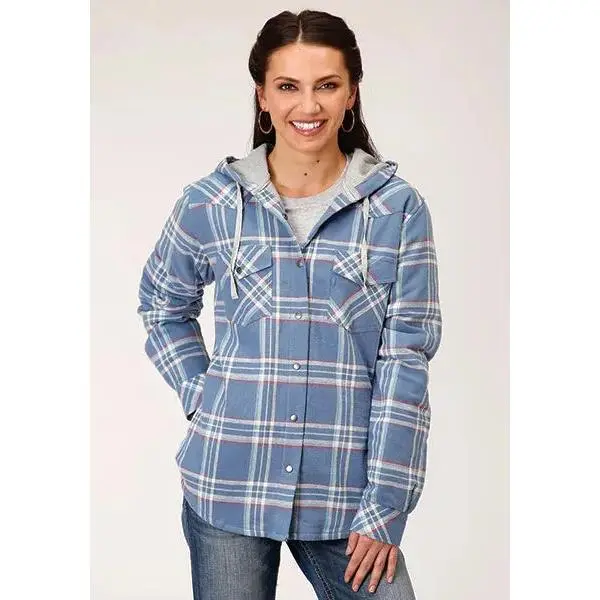 Roper Thermal Flannel Hoodie (Blue) - Women's Flannel Button Down Hoodie Sweatshirt