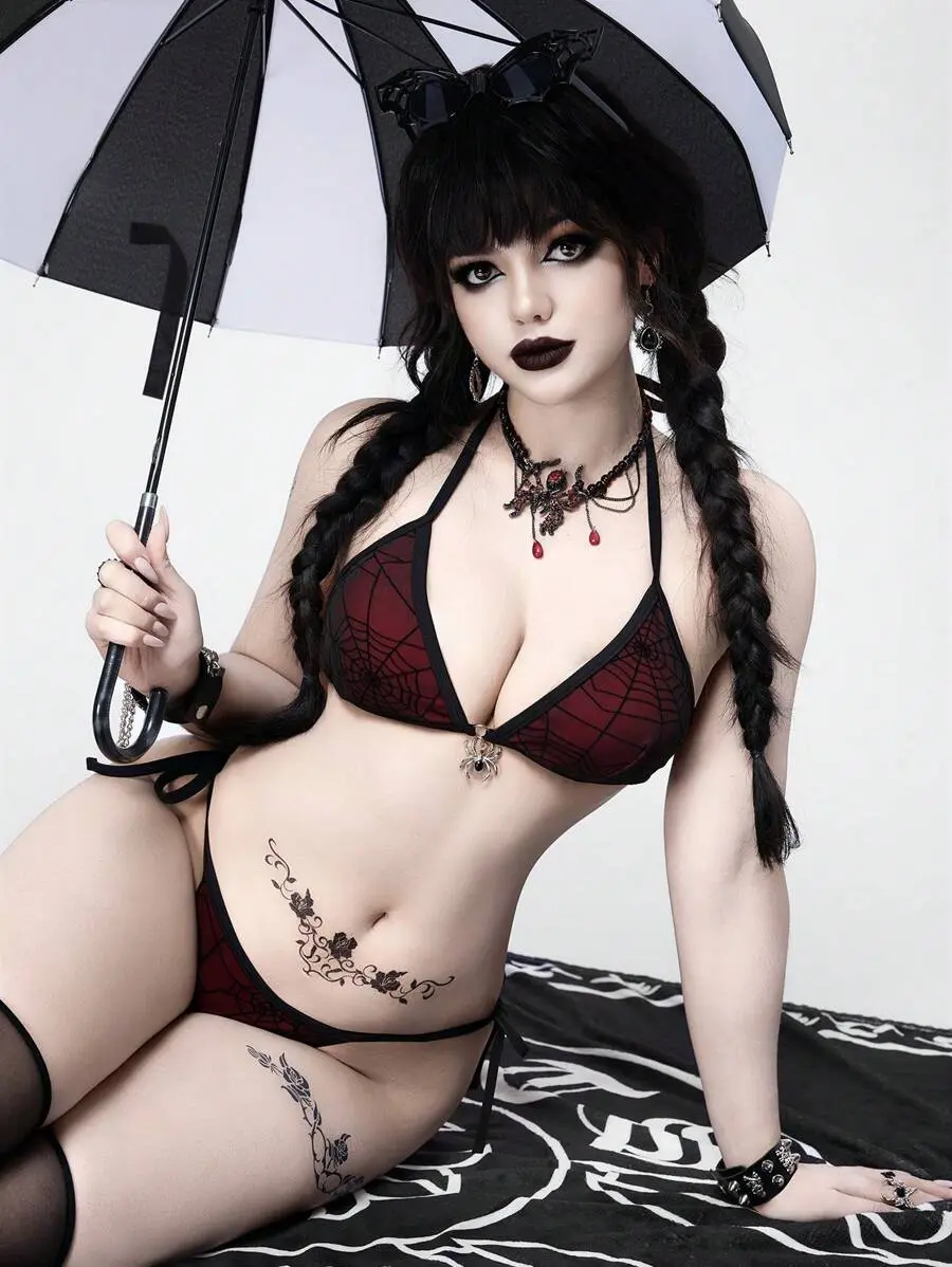 SHANIAH 2pcs/Set Women's Spider Web Design Cutout Bikini Set, Black And Red, Avant-Garde Gothic Swimwear, Trendy Holiday Party Outfit