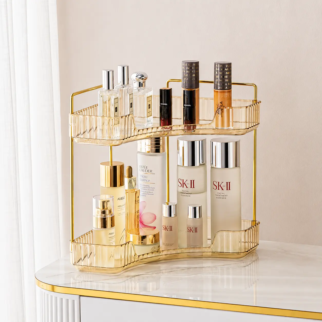 2-Tier Metal Corner Bathroom Counter Organizer - Glam, Practical Makeup Hold, Daily Use Commodity Shelf, Saves Space, Enhances Your Bathroom's Aesthetic, Ideal Gift for Women, Couples, Save Space