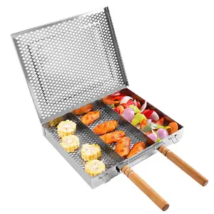 304 Stainless Steel BBQ Basket with Handle, Heat Resistant Grill Tray, Outdoor Leisure Barbecue Clip, Rectangular Grilling Pan for Outdoor Cooking