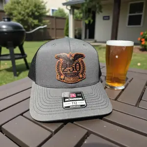 250th Anniversary Hats for Veterans, Patriotic USA America Leather Patch Hat Trucker Snapback Beanie Hat Leather Patch Richardson 112