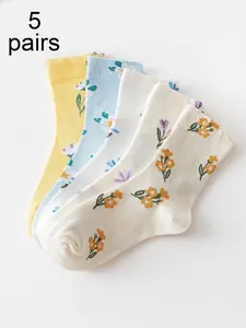 5 pairs of women's ankle socks with floral pattern, fresh and comfortable, suitable for daily casual wear, Casual Comfy Socks
