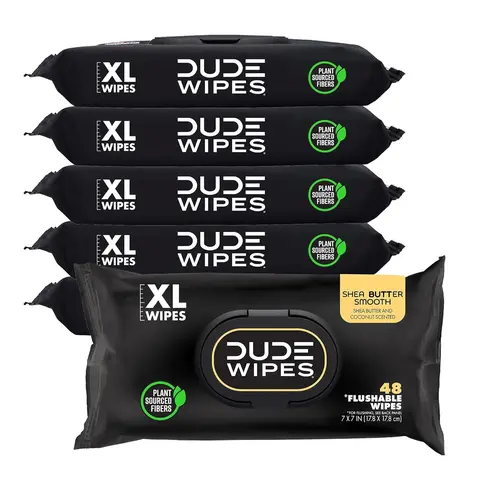 DUDE Wipes - Flushable Wipes - 6 Pack, 288 Wipes - Shea BUTTer Smooth Extra-Large Adult Wet Wipes - Vitamin-E & Aloe - Septic and Sewer Safe Toilet, Hydrating, Septic-Safe Wipes For Easy Disposal