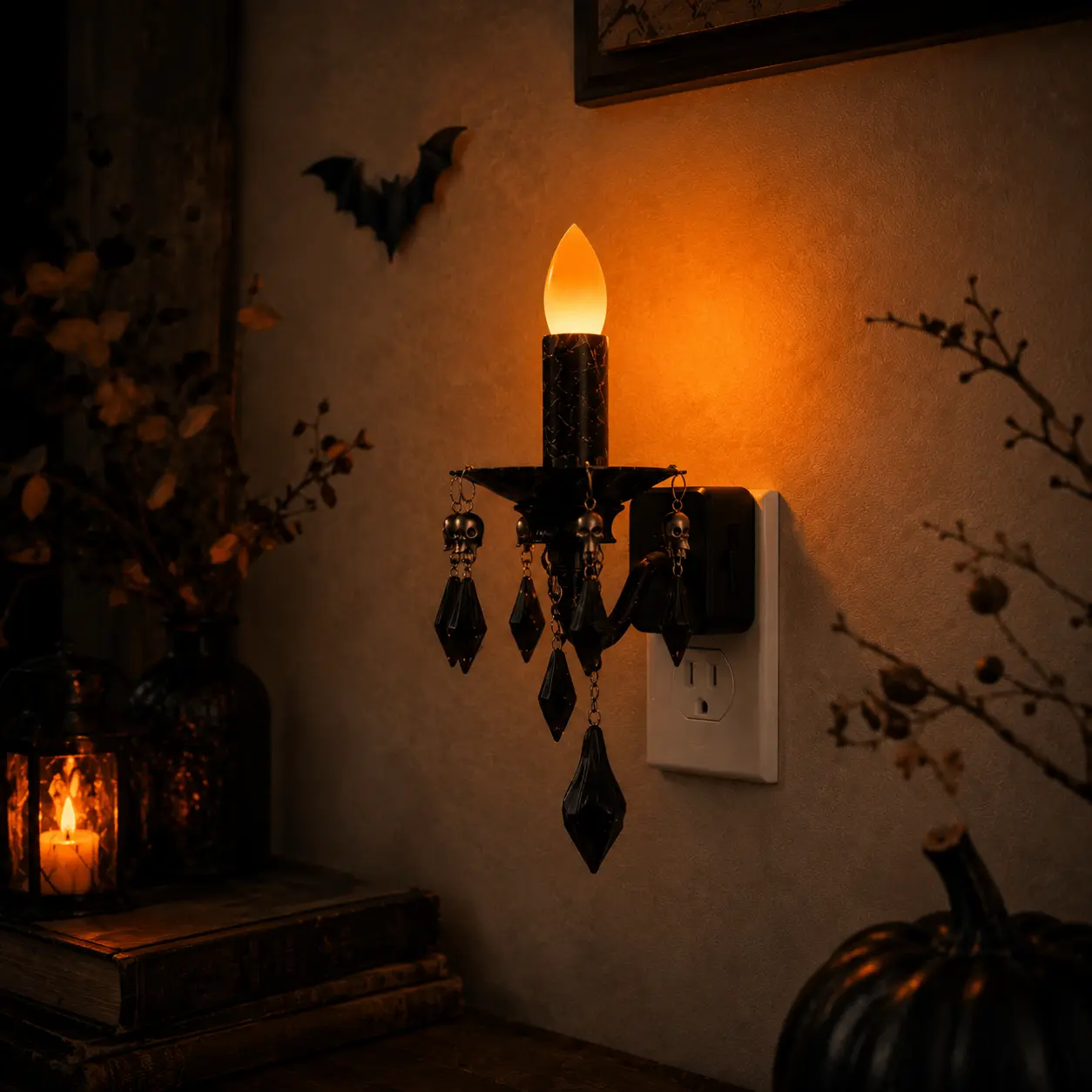 LOHAS LED Gothic Candle Night Light, Plug-in Wall Night Light with Light Sensor, 0-100LM Dimmable Halloween Skull Crystal Night Light, Vintage Gothic Decor