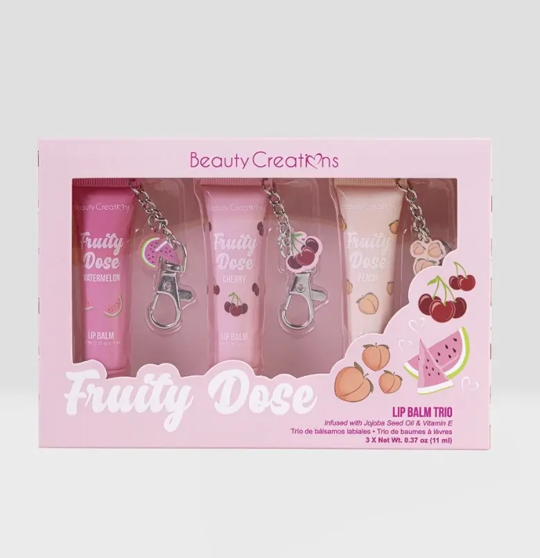 Beauty Creations 3-Pack Lip Balm Trio with Vitamin E & Jojoba Oil, High-Shine Non-Sticky Lip Care Gloss, Watermelon, Cherry & Peach Flavors for Daily Use, Lip Gloss