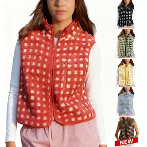UANEO Women's Checkered Sherpa Vest Fleece Jacket Lightweight Zip Up Sleeveless Crochet Plaid Gilet with Chest Pocket Casual Layering Womenswear Tops