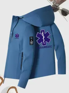 Men's Fashion New Waterproof Jacket Snake Staff Star Print, Zipper Pocket, Lightweight Windproof Casual Coat, Drawstring Hooded Design