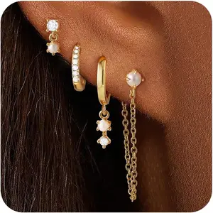 Gold Silver Earrings  Women Trendy 14K Gold Plated Dangle Hypoallergenic Cartilage Earrings Small 925 Sterling Silver Post Dainty Hoop Drop Pearl Earring Stacks Set Huggie Chain Earrings Jewelry