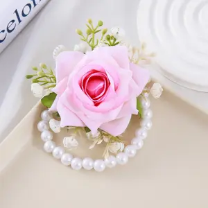 1-Piece Set of Artificial Pink Rose and Cream-Colored Bridesmaid Elastic Pearl Wrist Bouquet - Wedding Accessories - Bridesmaid and Bride Wrist Bouquet Accessories (Multiple Colors Available)