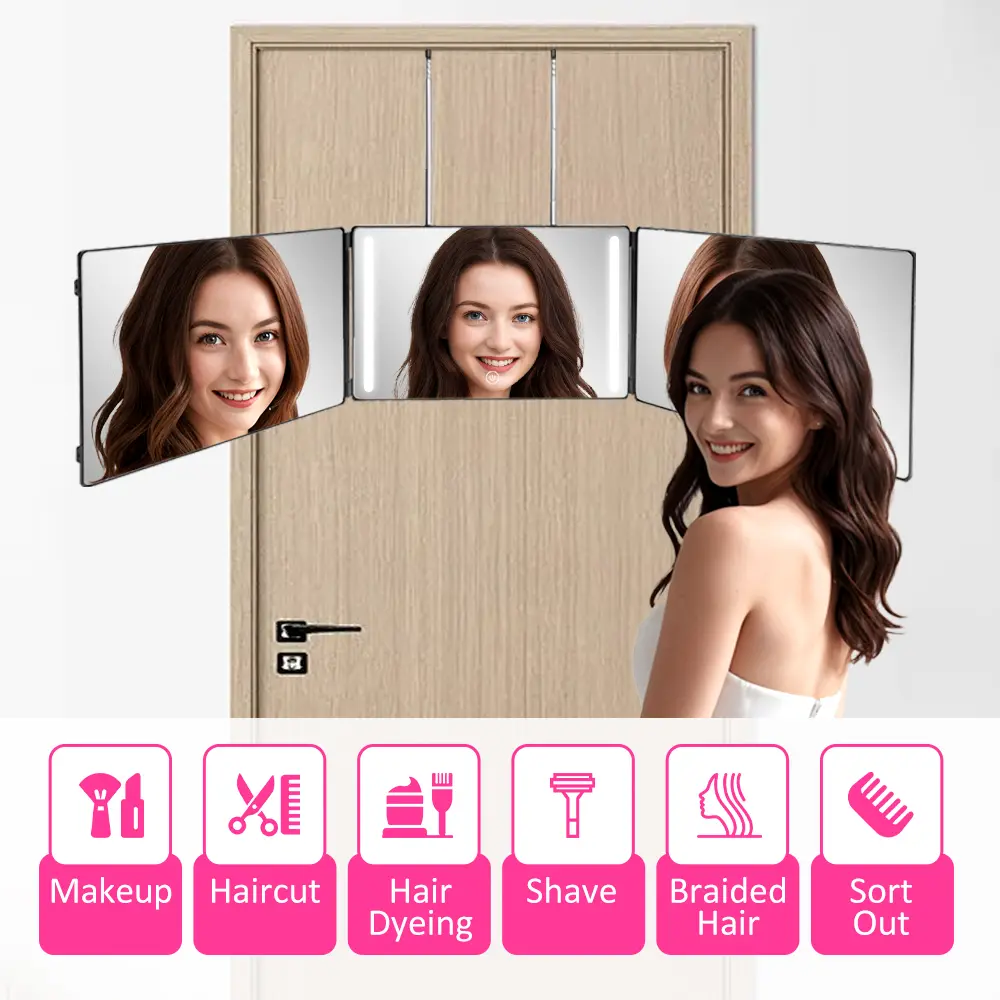 3-Way LED Self Haircut Mirror with Lights, Trifold 360° Barber Makeup Mirror, Touch Dimming Rechargeable Vanity Mirror, Adjustable Brightness, Wall & Door Hanging, for Hair Cutting, Hair Braiding, Beard Trimming, Shaving, Styling & Grooming