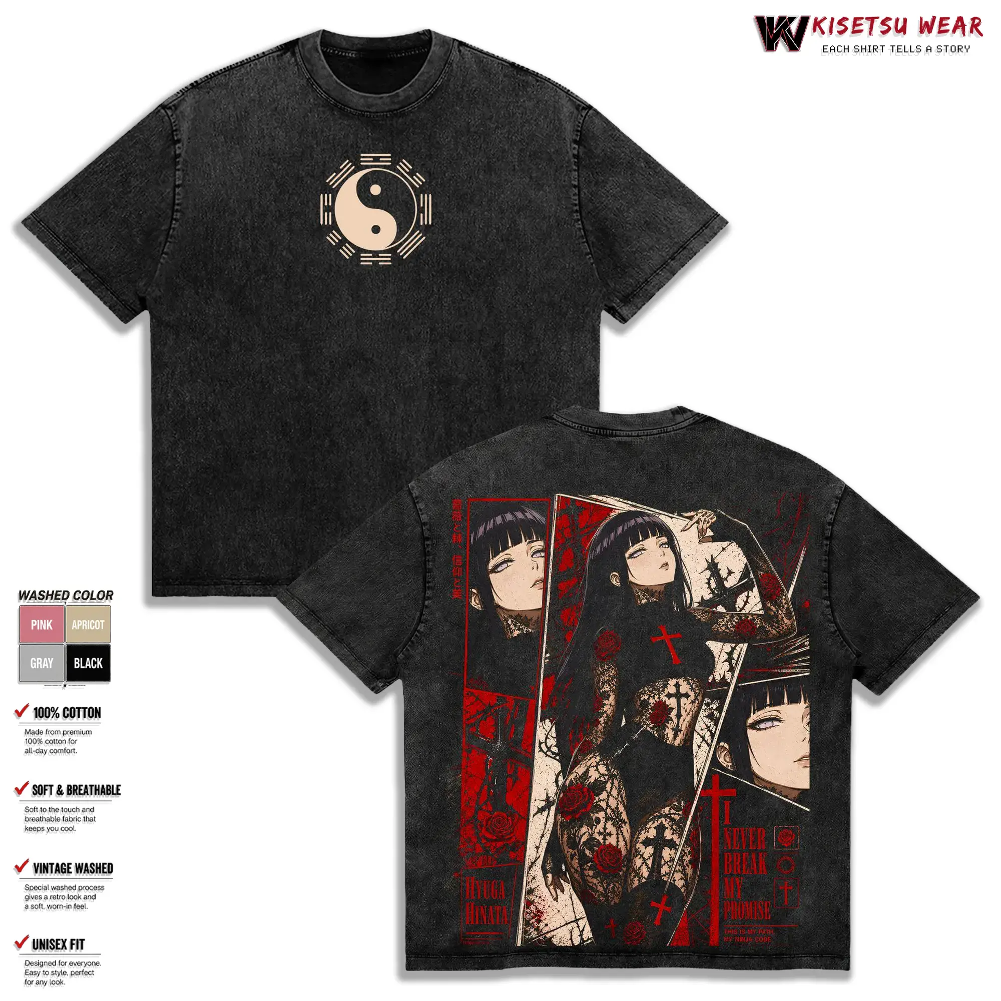 Menswear Classic Cotton Hinata Hyuga Naruto Shippuden Anime Graphic T-Shirt, Soft Short-Sleeve Vintage Washed Oversized Streetwear Top