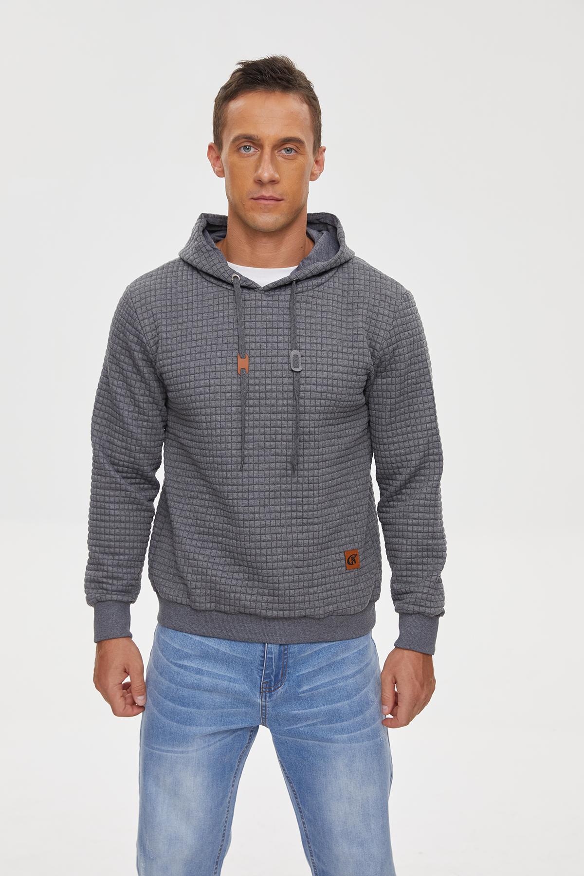 Mens Hooded Sweatshirt Long Sleeve Solid Knitted Hoodie Pullover Sweater Casual Menswear Soft Breathable Fabric Plaid Jacquard Design