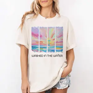 Comfort Colors Washed In The Water Shirt, Christian Cross Beach Graphic Tee, Faith Based Baptism Shirt