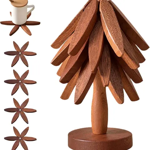 Tree-Shaped Wooden Heat Insulating Pad Set, 4 Walnut Pads + 1 Stand, Foldable Design, High-Temperature Kitchen Mat, Ideal for Hot Dishes, Pots, Bowls, Teapots, Wooden Trivet Set