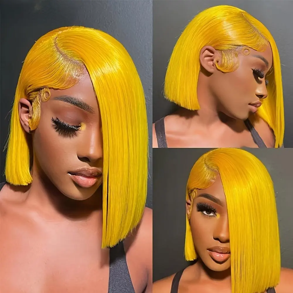 Lemon Yellow 13x4 Lace Bob Wig, 100% Real Human Hair, Spliced Large Hairpiece for Women (Fashion Hair Extension Accessory)