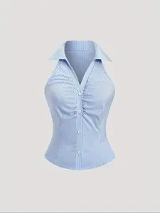 Women's Striped Shirt, Casual Sleeveless Collar Top for Summer, Ladies Clothes for Daily Wear, Casual Classy Top