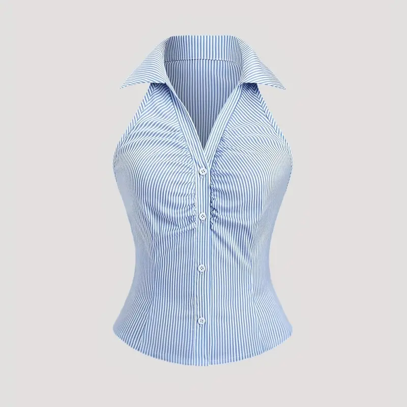 Women's Striped Sleeveless Collared Blouse, Casual Button-Front Summer Top for Daily Wear, Classy Shirt, Classy Tops