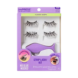 Impress Falsies Pre-Glued Strip False Eyelashes Starter Kit - Classic Wispy | 2 Pairs, With Applicator, 16mm