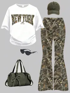Tween Girls' Casual Vintage Branch & Leaf Print Set, British New York Pattern, Sweet Cool Short Sleeve Top and Pants Two-Piece