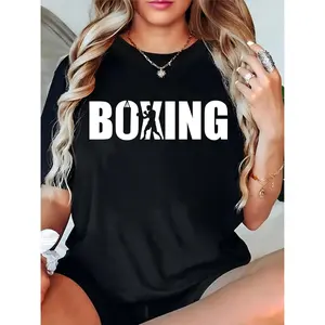 Women's Black Boxing T - Shirt with Boxer Silhouette Graphic, Casual Sporty Daily Top for Boxing Fans & Fitness Enthusiasts, Ideal for Gym, Workout, Streetwear