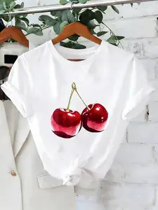 Cherry Print Milk Silk Short Sleeve Top, Sweet Girl Slimming Casual Shirt, Multi-Color, 3D Cherry Print, Round Neck, Women, Womenswear, Summer Fashion