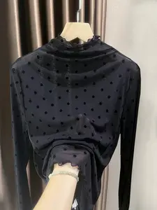 Elegant Spring & Fall Half High Neck Long Sleeve Lace Mesh Top, Hollow Out Design Inner Layered Base Shirt, Casual Slim Fit