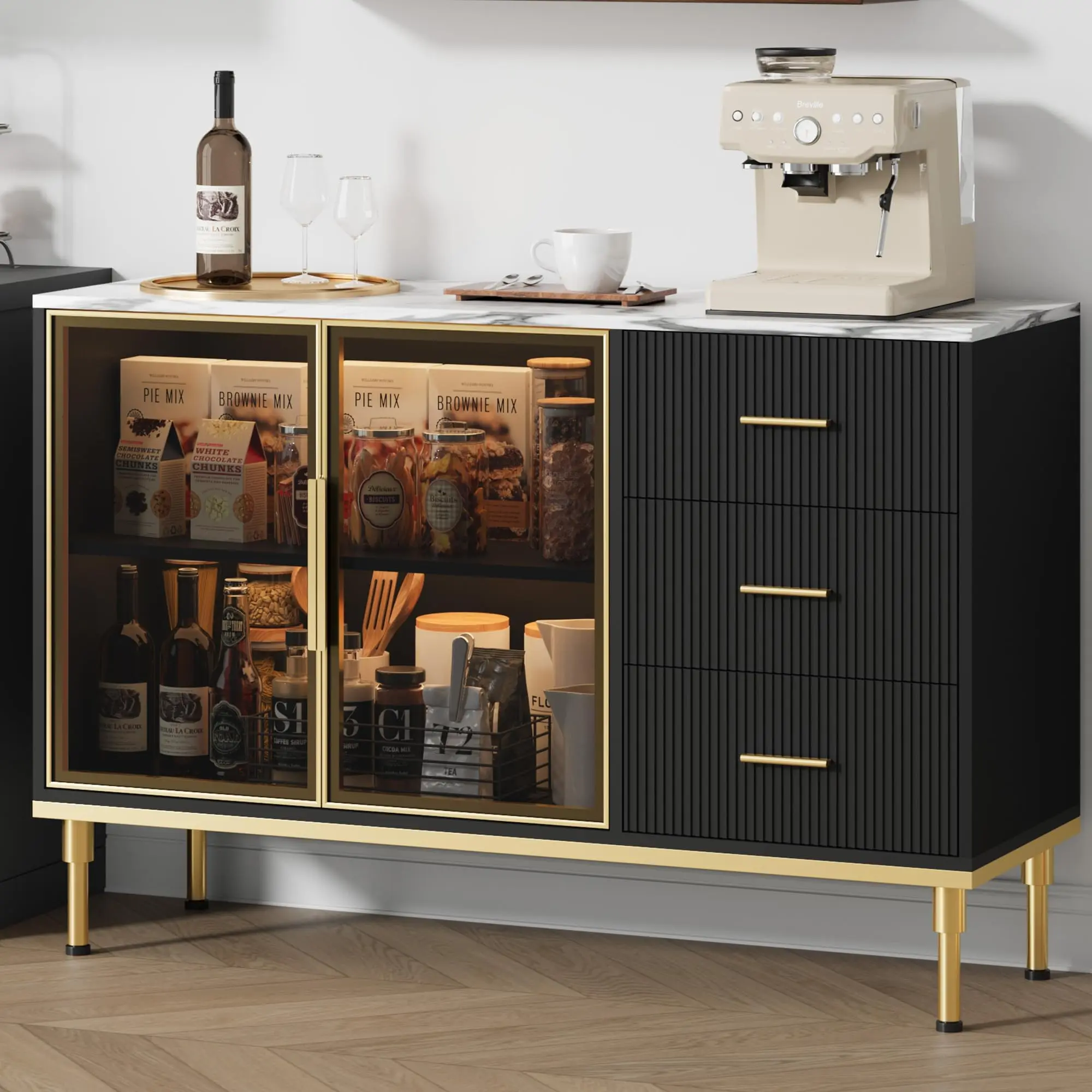 Garvee Modern Buffet Sideboard Cabinet - Large Size 46.4" Fluted Panel Unit, Abrasion-Resistant Faux Marble Top, 2 Glass-Door Compartments, 3 Drawers, 3-Shelf Display, 89.11 lbs, for Dining Room, Black Kitchen Storage Cabinet