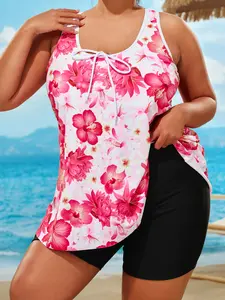 Plus Size Two-Piece Swimsuit Set, Round Neck Wide Shoulder Straps, High Waist Briefs, Floral Print Loose Fit, Pool Party Casual Vacation Style