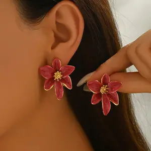 Women's Fresh Floral Earrings, Geometric Enamel 18k Plated Design Stud Earrings, High-End Earrings