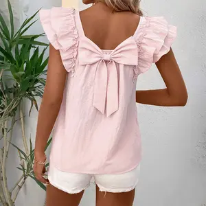 Gossamer Pink Textured Bow Knot Frilled Butterfly Sleeve Blouse
