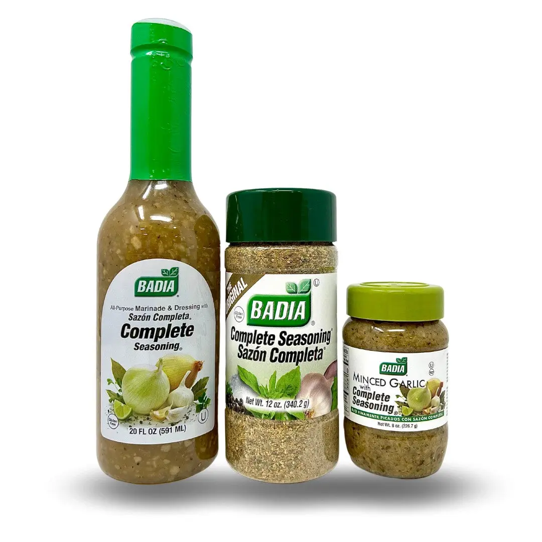 BADIA Complete Seasoning® Bundle - Everything Seasoning Sampler with Minced Garlic, Garlic and Herb Blend, Hot Spicy Chicken Marinade, Flavor-Packed Grilling Staple