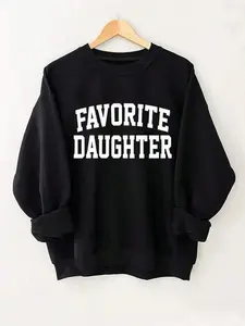 Women's Loose Casual Pullover Sweater, Drawstring Shoulder Design, Favorite Daughther Letter Print, Comfortable Spring & Fall Wear