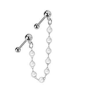 CZ Crystal Barbells with Connecting Faux Pearl Chain - 316L Stainless Steel