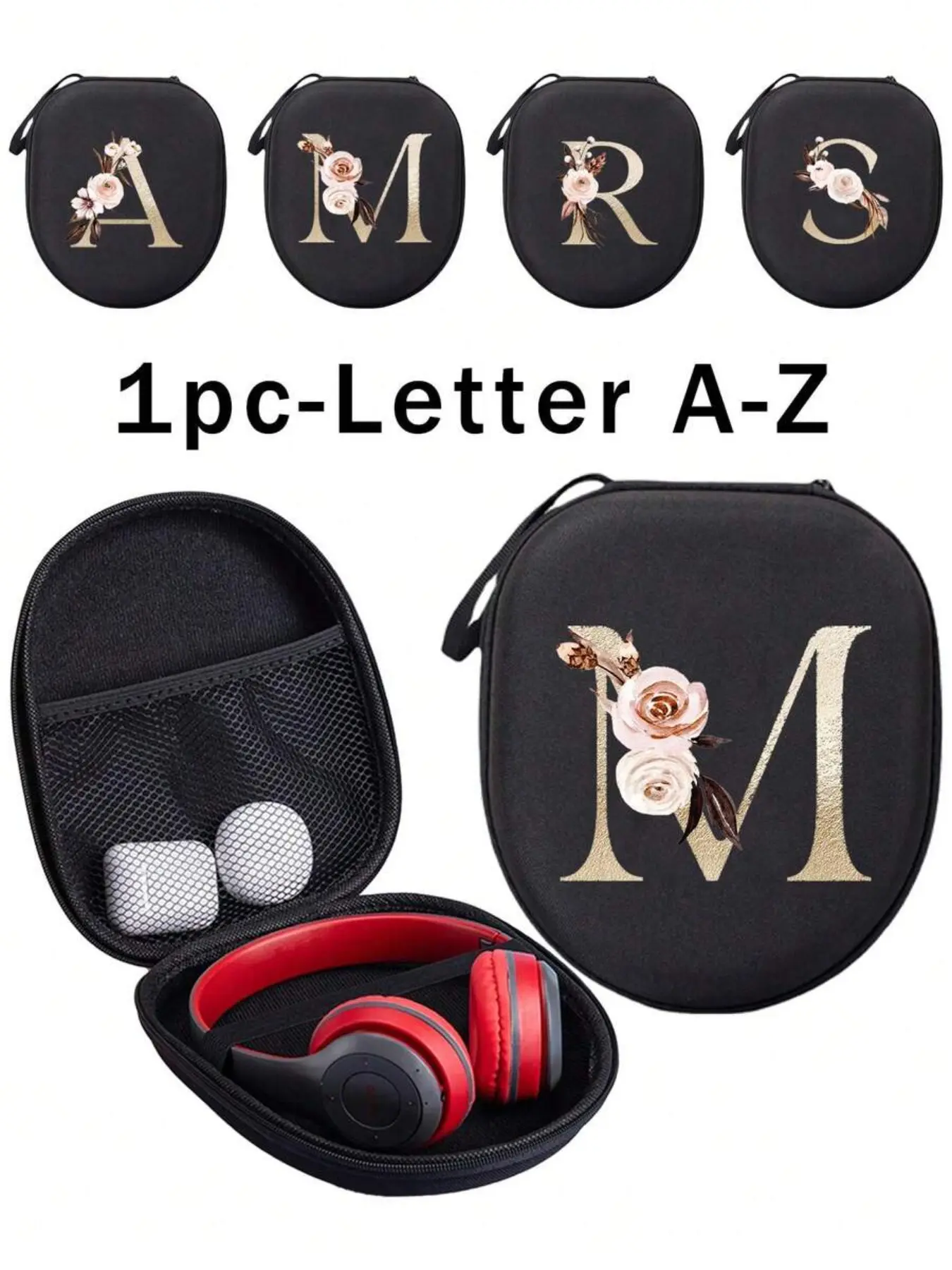 Head Mounted Black Eva Portable Hard Case With Zipper Headphone Storage Bag - Featuring Gold Flower Initials A-Y Pattern, Collision Resistant Travel Storage For Headphones And Accessories, Headphone Cas