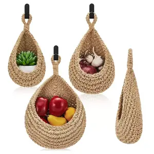 1/3 Piece Bohemian Wall Hanging Basket Set, Natural Woven Linen Storage Hooks for Fruits, Vegetables, and Cosmetics, Kitchen and Home Decorative Baskets for Small Flower Pots and Organizing, Multipurpose Basket, Home Organizers