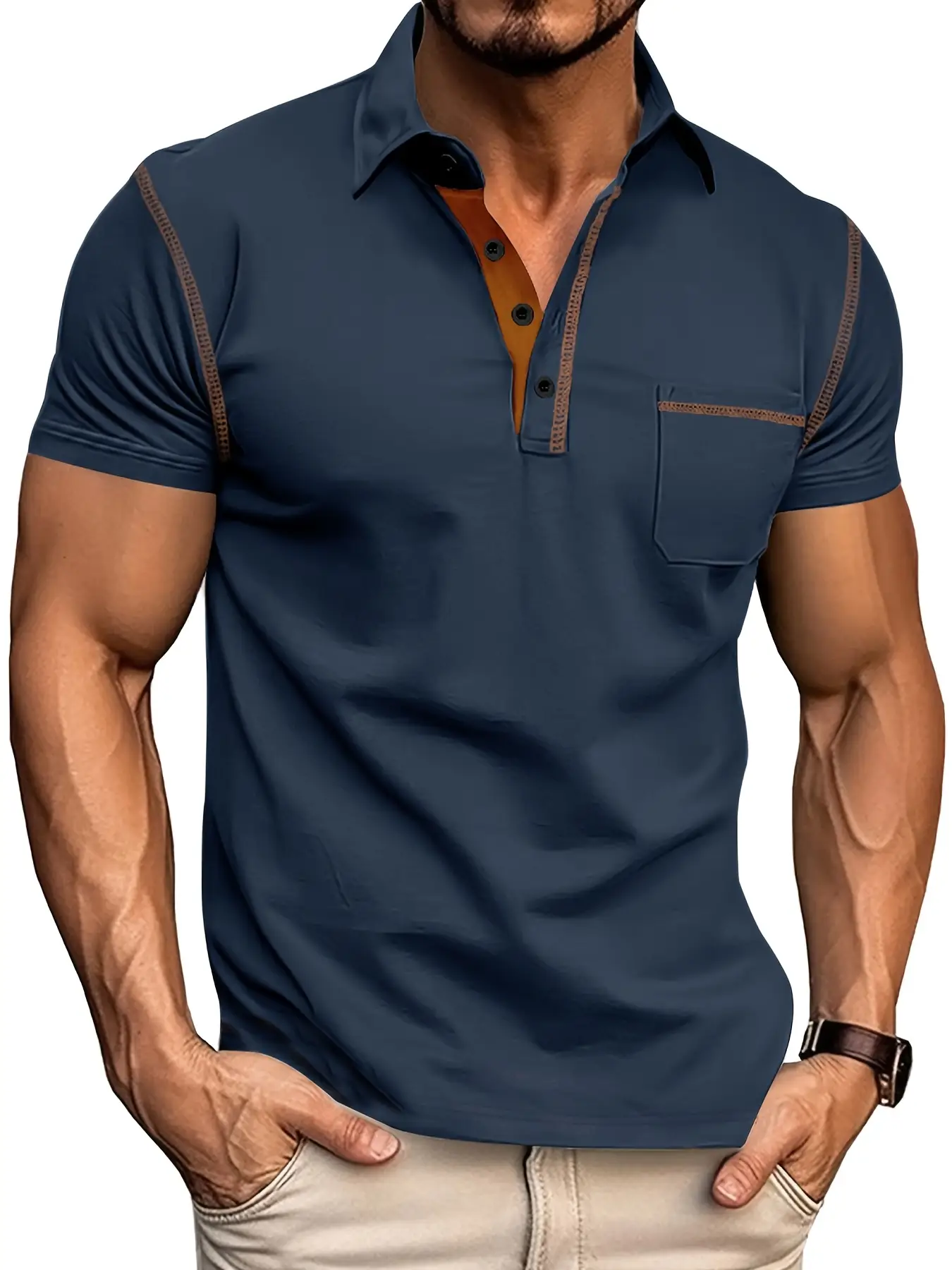 Men's Regular Fit Short Sleeve Top, Casual Buttons Collared Top for Outdoor Sports, Fashion Men's Clothes for All Seasons