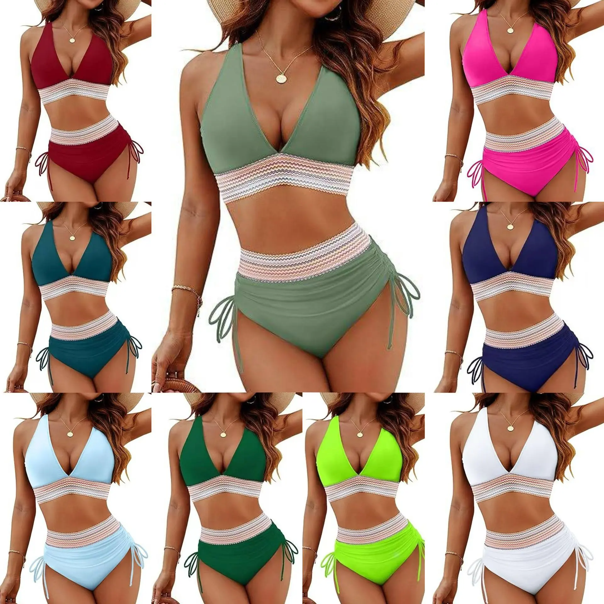 Flattering Curvy Friendly Plus Size Two Piece Bikini Swim Set Smocked Elastic Waist V Neck Push Up Support Side Tie Ruched High Waist Tummy Cover Bathing Suit Women Beach Trip Swimwear