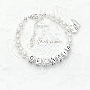 Personalized First Communion Bracelet for Girls Custom Name Pearl Bracelet Catholic Gift Keepsake with Cross Charm