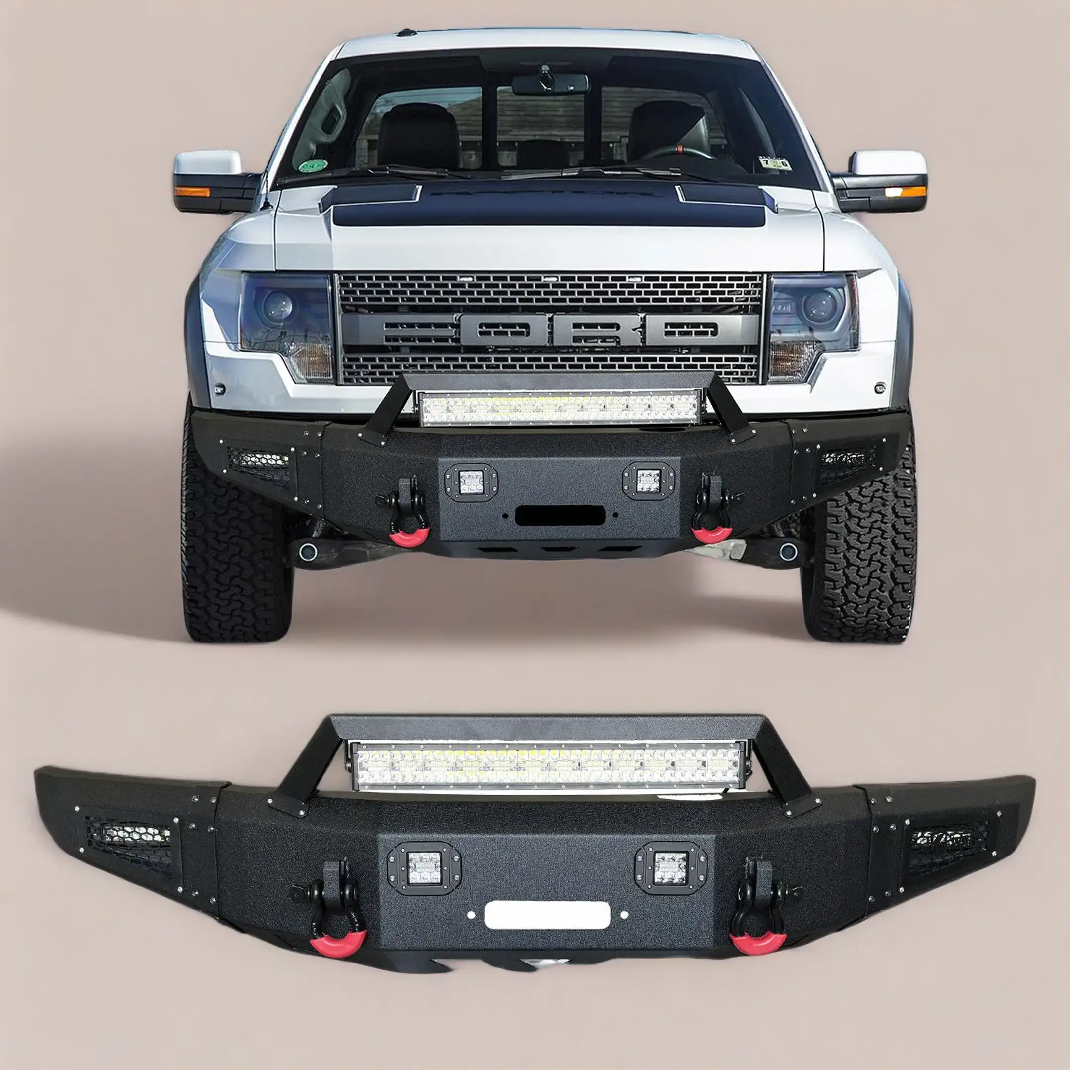 Vijay Steel Front Bumper - Black Texture Metal Bumper for 2009-2014 Ford F150 SVT Raptor, with Winch Plate, 2 LED Lights, 2 D-Rings, Protection, Easy Install, Visibility Boost, Additional Utility, Off-Road Performance Enhancement