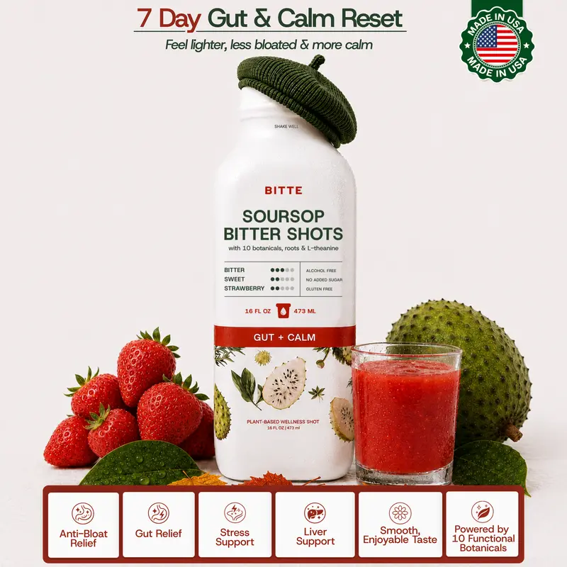 BITTE Soursop Bitters – Gut Relief & Inner Calm Shots | Anti-Bloat & Stress Support | Herbal Bitters for Bloating, Liver Cleanse & Daily Calm. | Herbal Blend with Soursop, Ashwagandha, Chamomile & Aloe