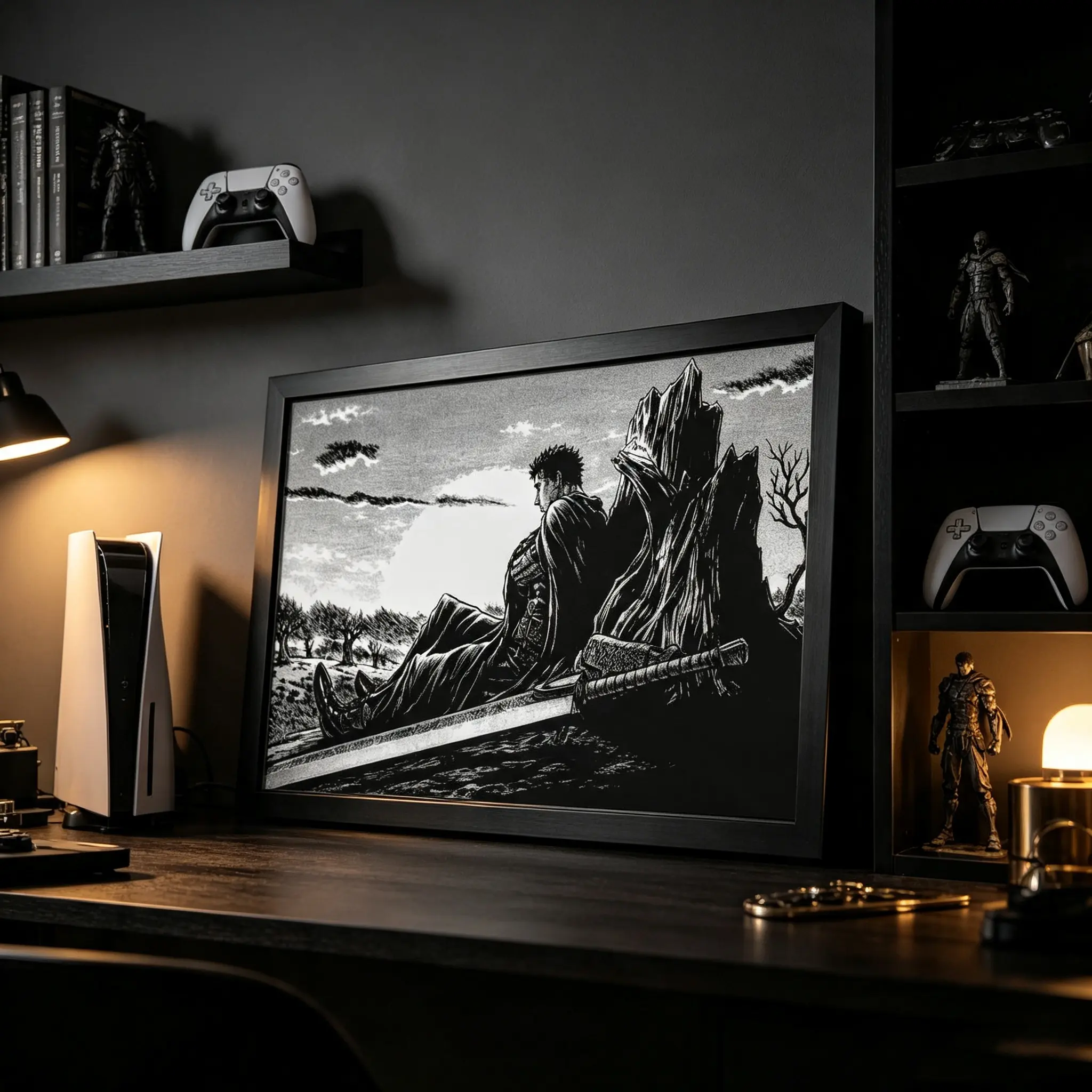 Berserk Guts Black-White Manga Canvas Print, Kentaro Miura Classic Anime Wall Art, Dark Fantasy Poster for Game Room & Man Cave Decor, Collectible Gift for Berserk Fans