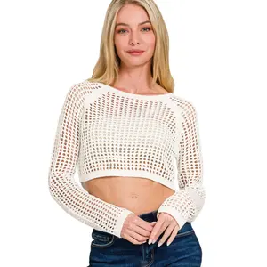 Zenana Hollow Knitted Cropped Round Neck Sweater
