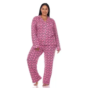 212 MAIN Lady's Cute Plus Size Print Longsleeve Pajama Set - Top & Pants, White Mark PS13686-32-3X Pink Women's Sleepwear Loungewear, 3X