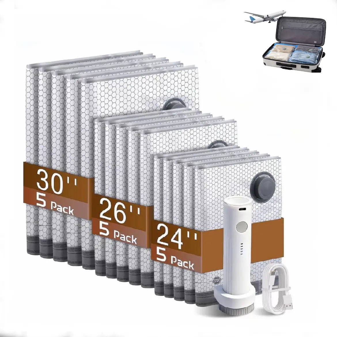 9-Pack Travel Vacuum Storage Bags Set – Cordless USB Rechargeable Compression Bags in 3 Sizes for Suitcase Organization & Space Saving