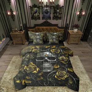 Feelyou 7-Pcs Sugar Skull Comforter Set - Yellow Rose Floral Gothic Skeleton Bed-in-a-Bag, Decorative Microfiber Bed Sets for Kids, Decorative Bedding Set