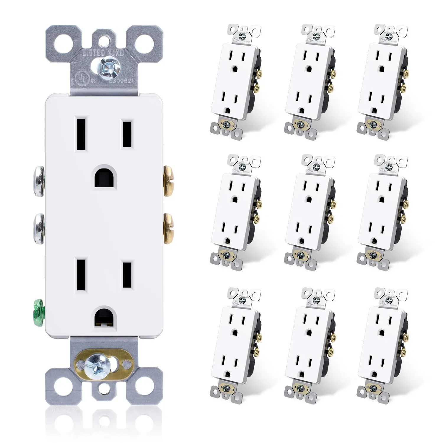 Decorator Receptacle, 15A 125V Standard Electrical Wall Outlet, 2 Pole 3 Wire, Non- Tamper Resistant, NEMA 5-15R, Self-Grounding Residential Grade Outlet, UL (Glossy White, 10 Pack)