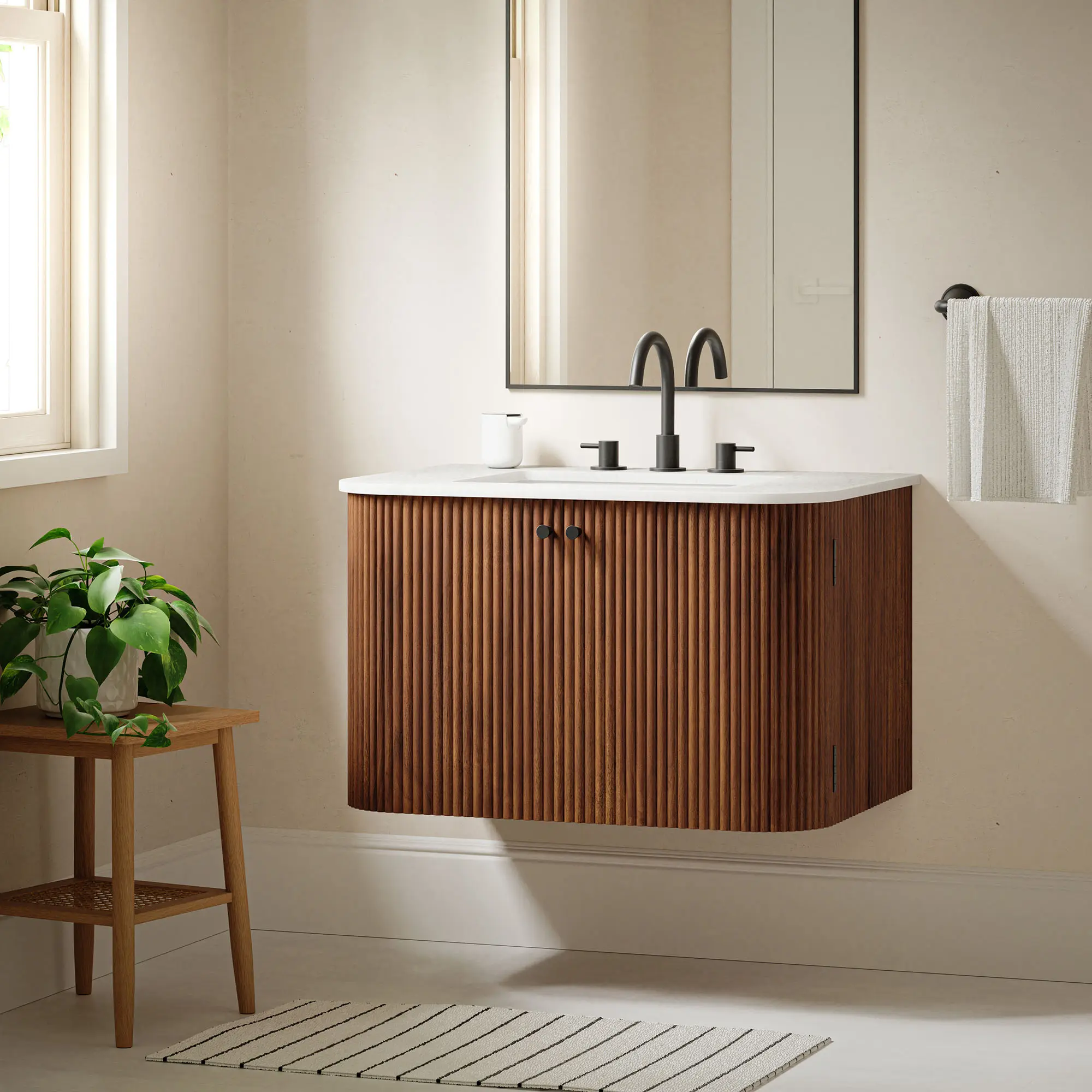 Zia 30" Wall-Mount Bathroom Vanity with Marble Sink in Walnut