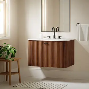 Zia 30" Wall-Mount Bathroom Vanity with Marble Sink in Walnut