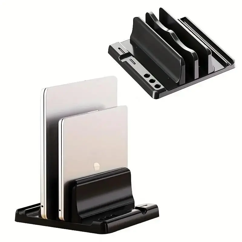 Space-Saving Laptop Stand with Storage Holder, Vertical Storage Rack for Macbook, iPad, Tablet, Metal Base, Adjustable Height, Ergonomic Design, Computer Stand for Laptop