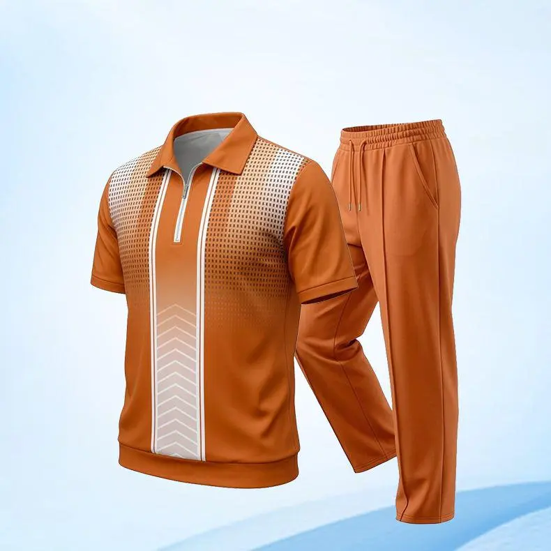 Men’s 2-piece tracksuit set: half-zip polo short-sleeve T-shirt and straight long pants with elastic waistband, gradient print; casual athletic outfit for summer golf, running, sports sweatsuit, orange.